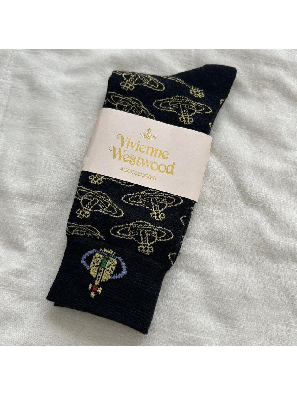 Vivienne Westwood Black Beige Orb Knit Socks 22.5-24.5cm Made in Japan